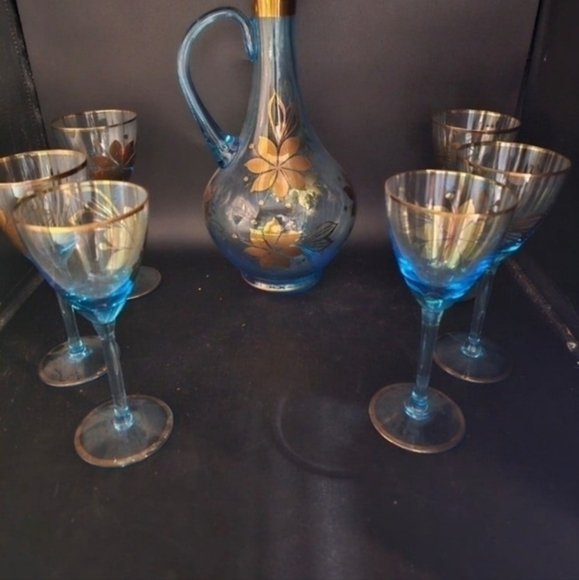 Vintage Romanian Cristo handblown aqua blue Glass, handpainted with 24‎ k gold. - Picture 4 of 10